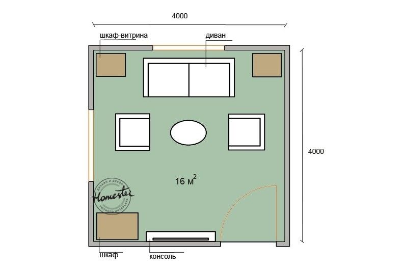 تصميم غرفة المعيشة 16 متر مربع.