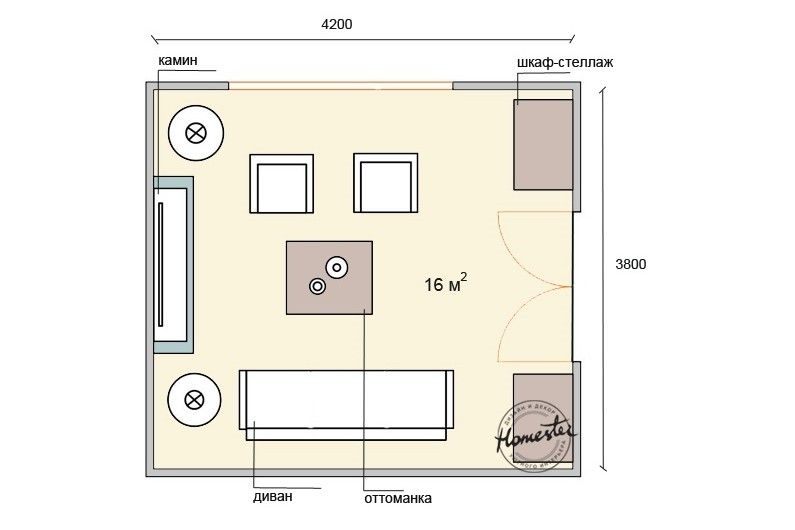 The layout of the living room is 16 sq.m.