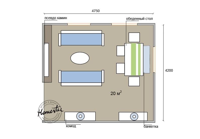Living room 20 sq.m .: four layout options