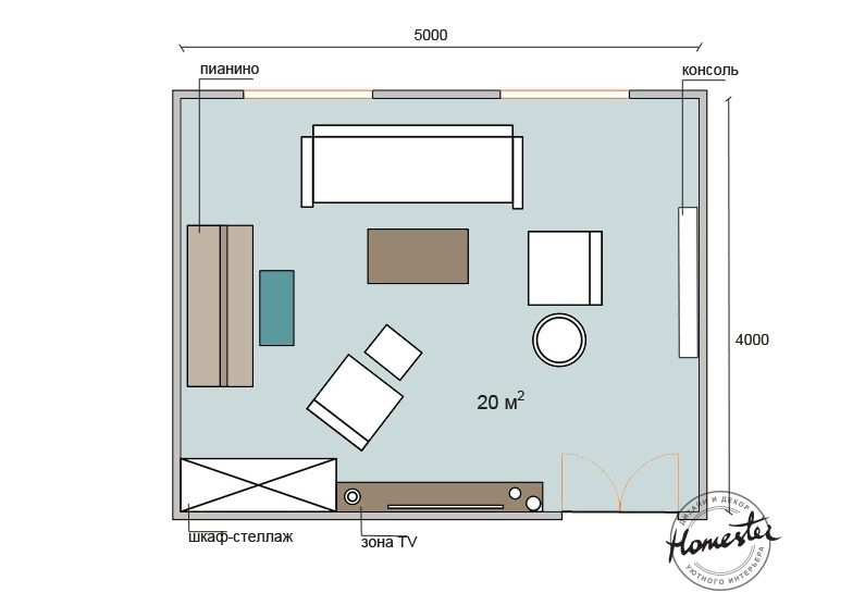 غرفة المعيشة 20 متر مربع: أربعة خيارات للتخطيط