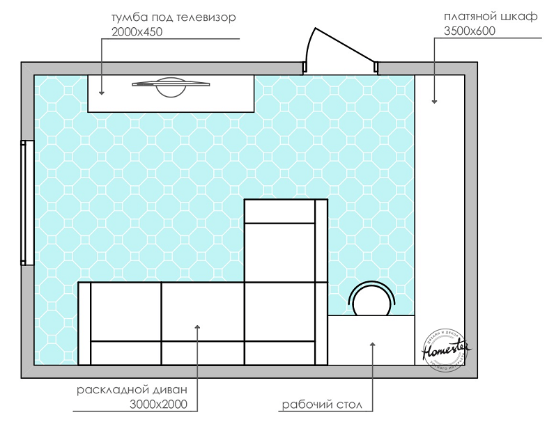 The layout of the bedroom is 18 sq.m.