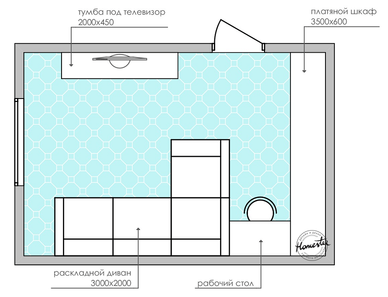 El diseño de la habitación es de 18 metros cuadrados.