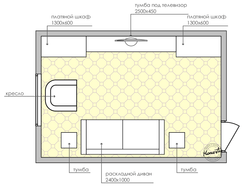 The layout of the bedroom is 18 sq.m.