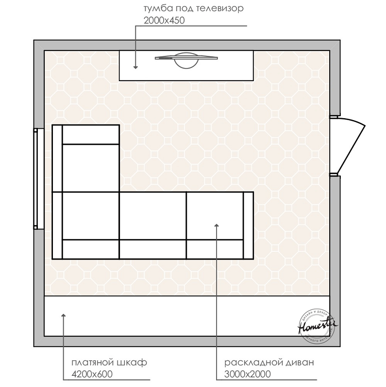 The layout of the bedroom is 18 sq.m.