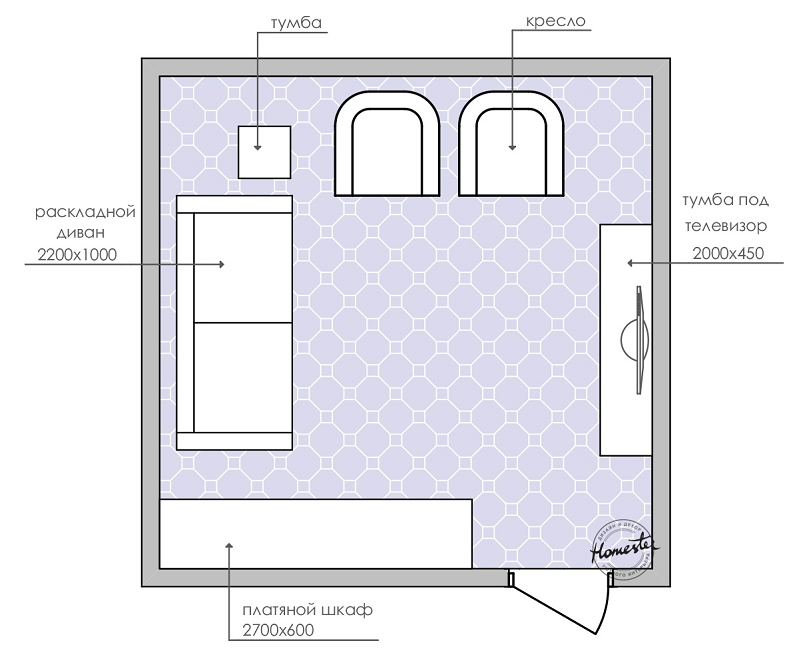 De indeling van de slaapkamer is 18 m².